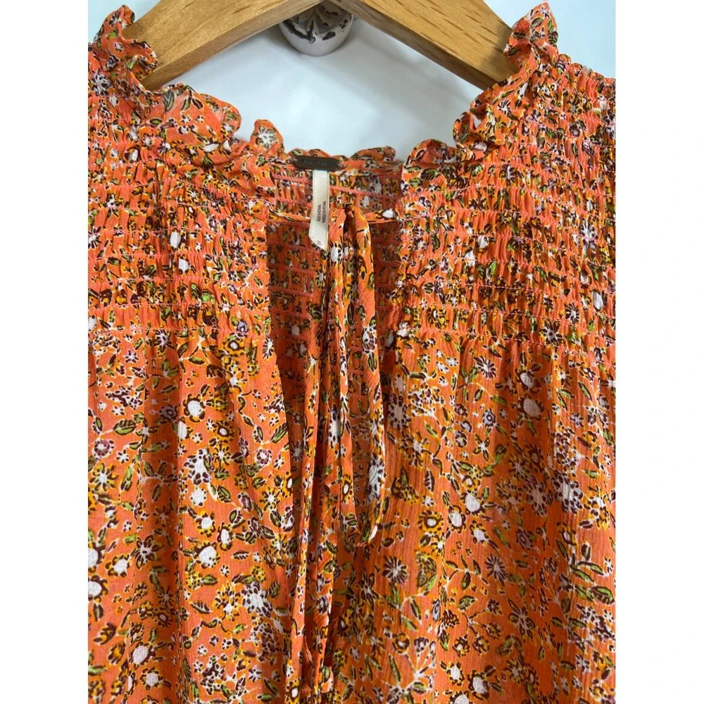 Free People Lela Orange Floral Smocked Yoke Ruffle Neck Tie‎ Blouse S OB1010657
